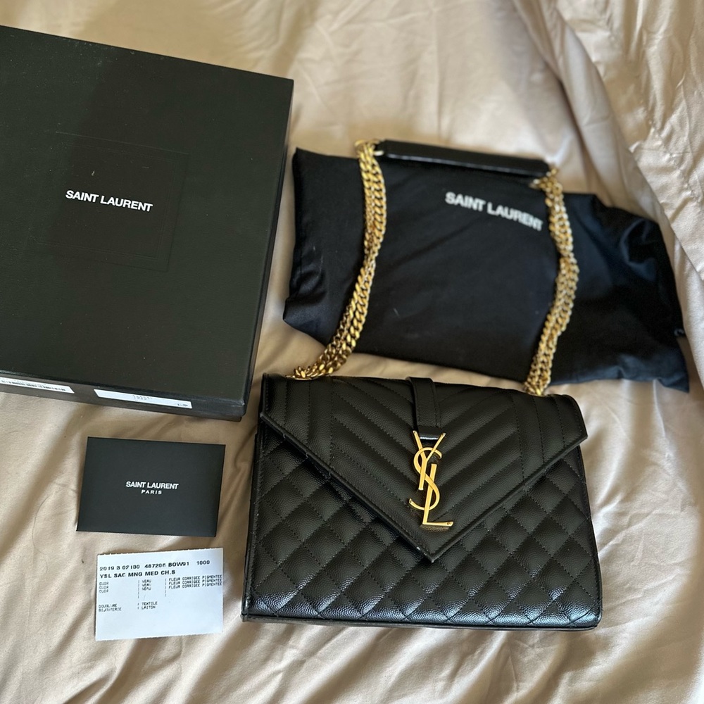 Used Authentic Saint Laurent Envelope Medium Bag Quilted Grain De Poudre
